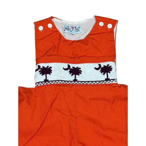 Molly Pop Orange Palmetto Tree Crescent Moon Embroidered Smocked Overalls 12M - Picture 2 of 3